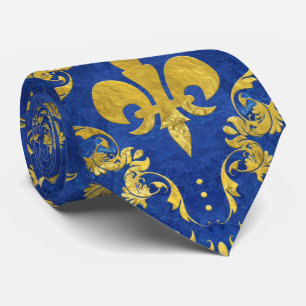 Cravate Marbre et or bleu motif Fleur de lis