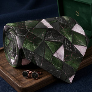 Cravate Marbre Mosaïque Luxueux Vert Forêt Sombre et Noir