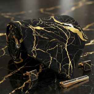 Cravate Marbre noir et veines dorées motif élégant