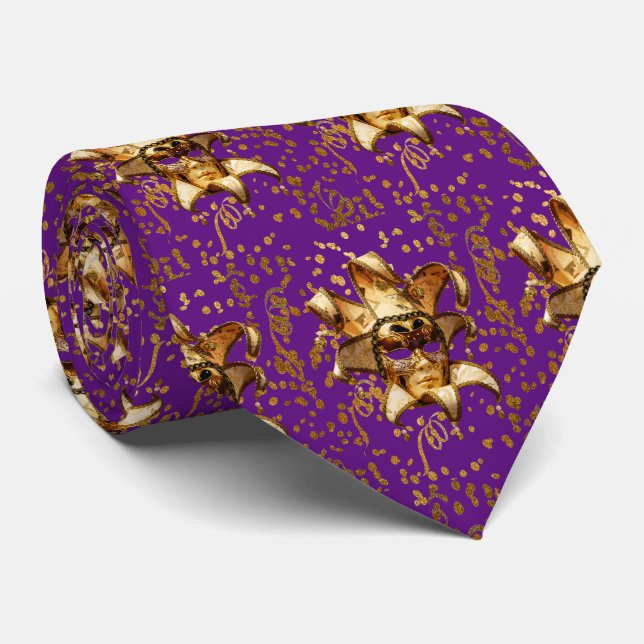 Cravate Mardi Gras Carnaval Mask Or Confetti Purple (Roulé)