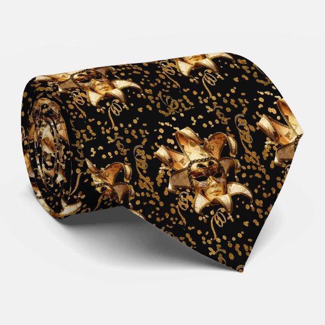 Cravate Mardi Gras Carnaval Masque Or Avec Confetti Noir (Roulé)