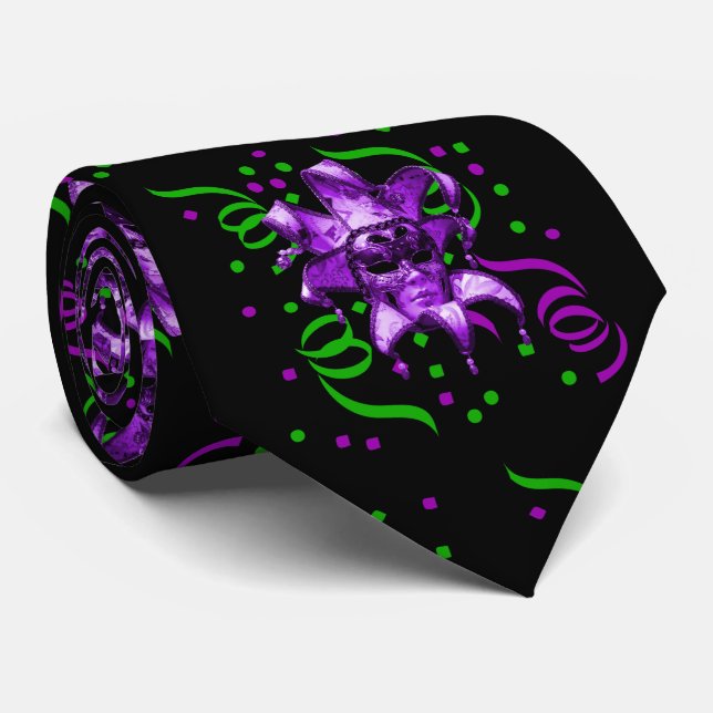 Cravate Mardi Gras Carnaval Masque Violet Avec Confetti (Roulé)