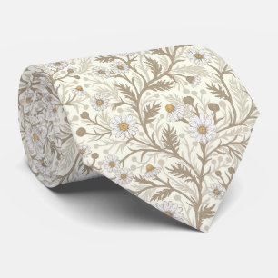 Cravate Marguerites en blanc et marron sur fond blanc cass
