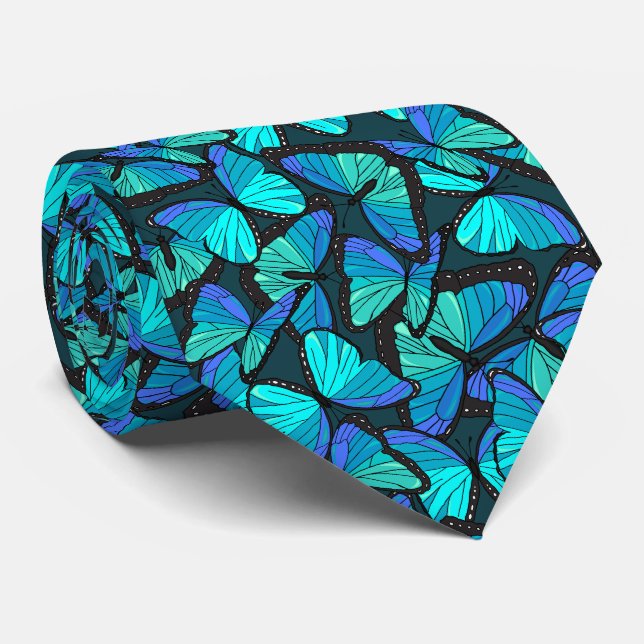 Cravate Mariage à motifs stylisé bleu morpho papillons (Roulé)