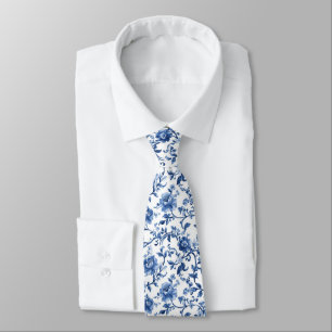 Cravate Mariage chinoiserie toile florale aquarelle bleue