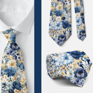 Cravate Mariage de fleurs d'aquarelle bleu marine or