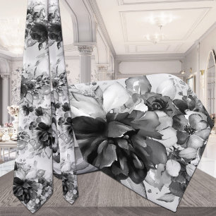 Cravate Mariage de pivoines en cascade noir et bla