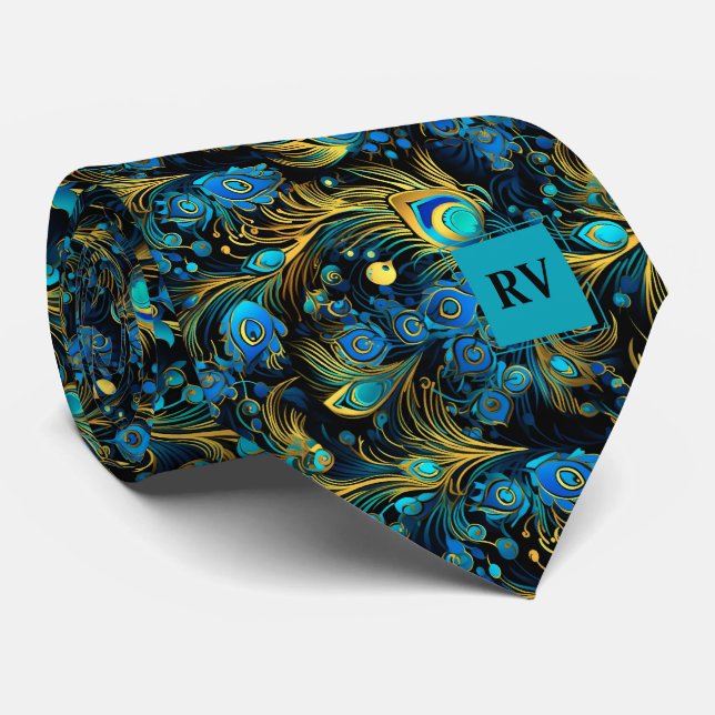 Cravate Mariage de plumes Peacock Turquoise or (Roulé)