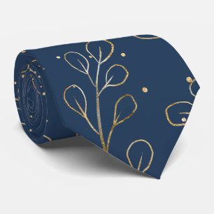 Cravate Mariage élégant Eucalyptus Contour Or Bleu Nuit