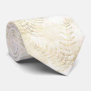 Cravate Mariage Élégant Feuille de Fougère Blanche & Or 