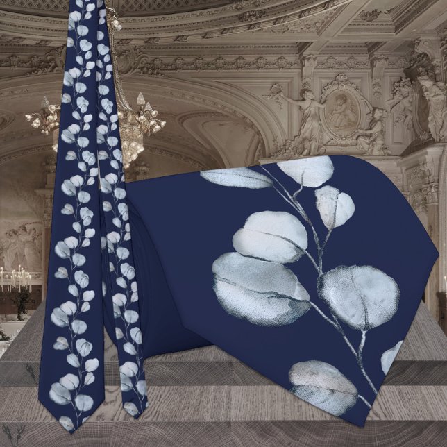 Cravate Mariage élégant Navy & Dusty Blue Eucalyptus (Créateur téléchargé)