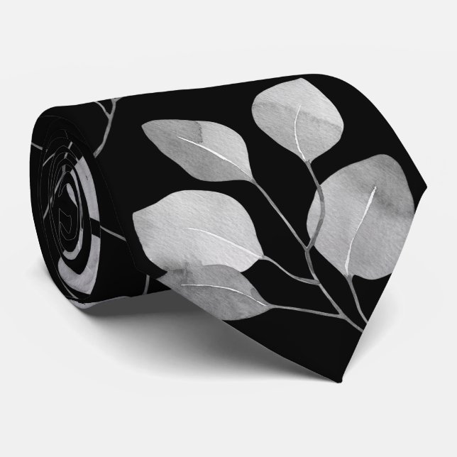 Cravate Mariage Eucalyptus Silver Dollar Noir & Blanc (Roulé)