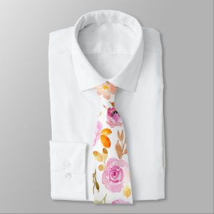 Cravate Mariage Floral Aquarelle Rose Orange Été