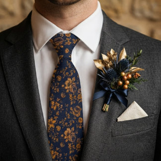 Cravate Mariage floral bleu marine et or antique