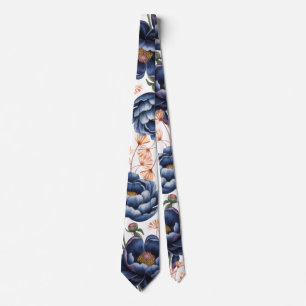Cravate Mariage floral bleu marine et orange brûlé