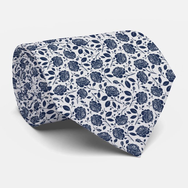 Cravate Mariage floral bleu marine gris clair, professionn (Roulé)