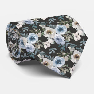 Cravate Mariage floral bleu poussiéreux à l'aquarelle