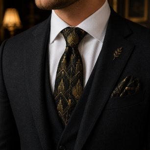 Cravate Mariage Luxueux Art Déco Gatsby Noir et Or
