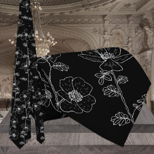Cravate Mariage Moderne à Fleur de Vigne Noir et Blanc