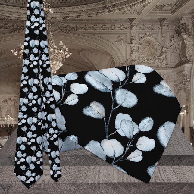 Cravate Mariage noir Dusty Blue Eucalyptus Sprigs (Créateur téléchargé)