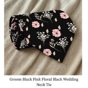 Cravate Mariage noir noir rose floral noir