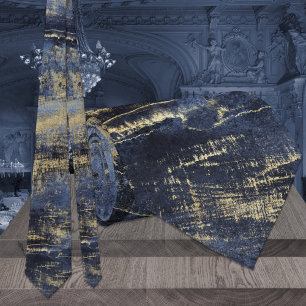 Cravate Mariage Peinture d'Art Moderne Bleu Nuit & Or
