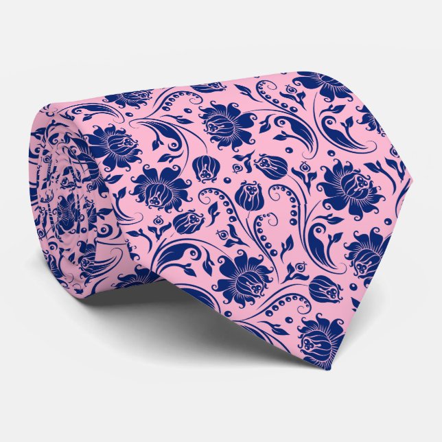 Cravate Marine bleu et rose Floral Damas Motif 3 (Roulé)