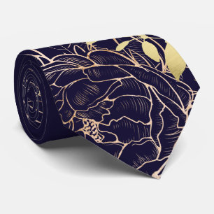 Cravate Marine Blue & Faux Gold Peony Moderne Floral Maria