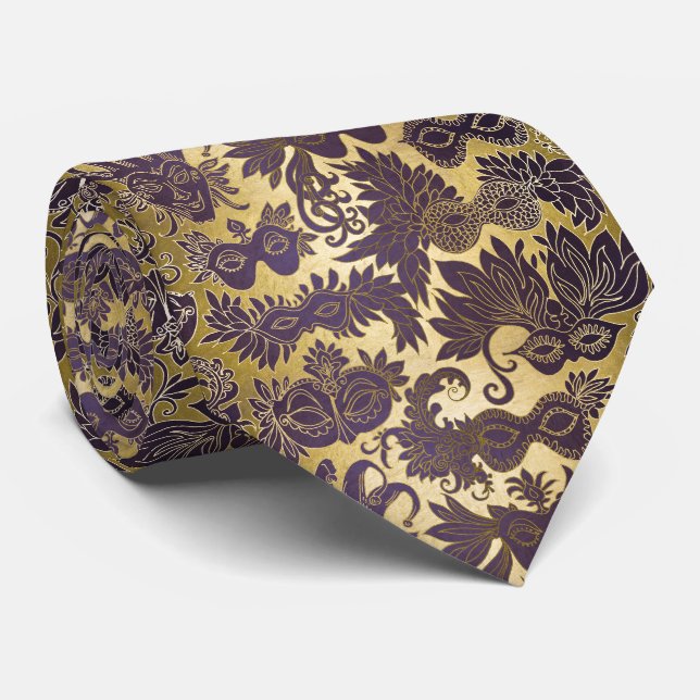 Cravate Masques Mardi Gras Gold et Purple (Roulé)