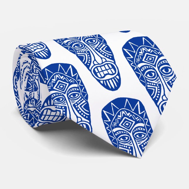Cravate Masques Tiki - Bleu marine sur blanc (Roulé)
