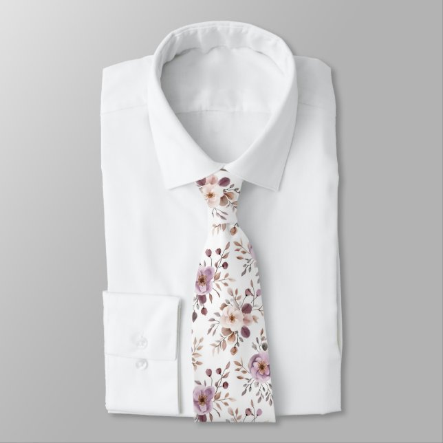 Cravate Mauve Violet Beige Floral Mariage Colonne de Marié (Attaché)