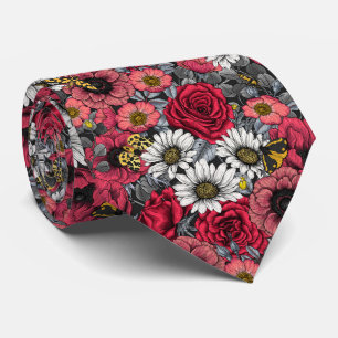 Cravate Mélange de fleurs en rouge et gris