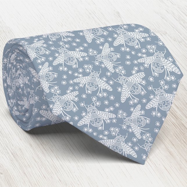Cravate Miel Bee (Honey bee blue and white neck tie for beekeepers and nature lovers)