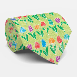 Cravate Mignonne Rouge Violet Bleu Jaune Tulipes Motif Flo