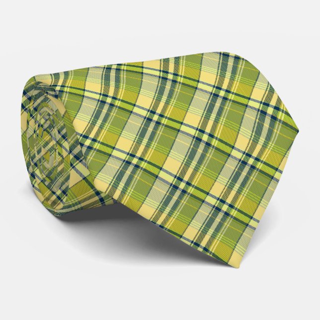 Cravate Mini Madras Plaid Sage et Jaune à deux côtés (Roulé)