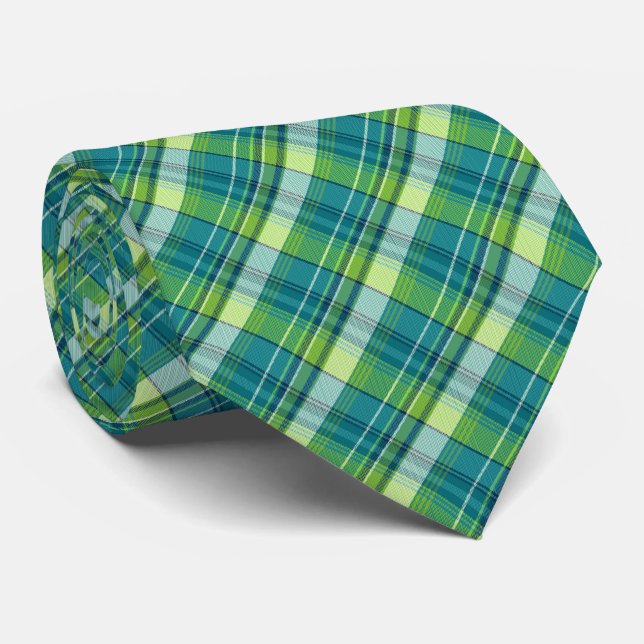 Cravate Mini Madras Plaid Turquoise et Lime à deux côtés (Roulé)