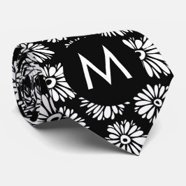 Cravate Minimalist Groovy Black and White Daisy Monogram
