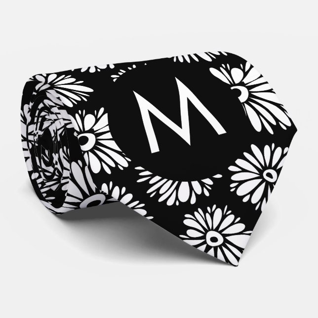 Cravate Minimalist Groovy Black and White Daisy Monogram (Roulé)