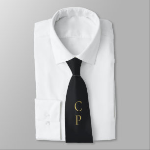Cravate Minimaliste Moderne Noir & Or Monogrammé