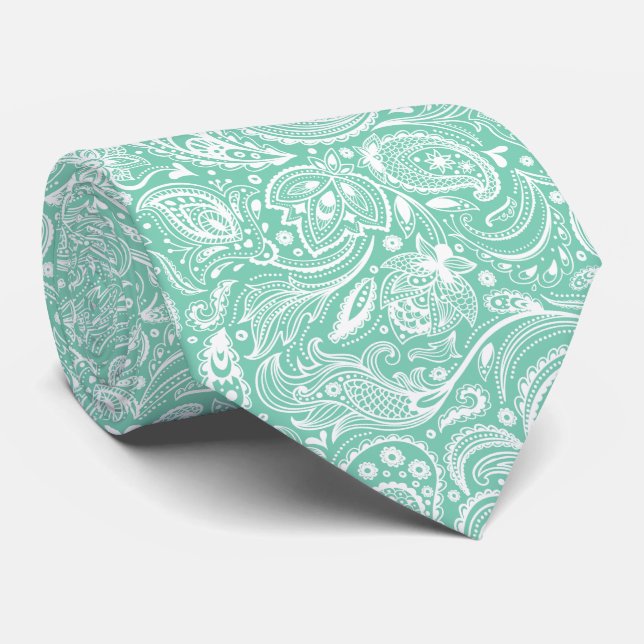 Cravate Minte et blanc Motif Floral Paisley (Roulé)