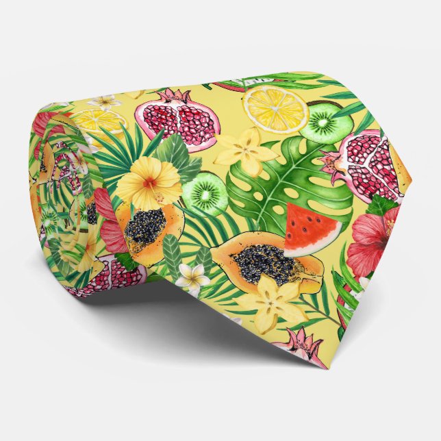 Cravate Mix-fruit tropical, fleurs et feuilles sur jaune (Roulé)