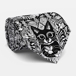 Cravate Modèle floral de chat noir artistique