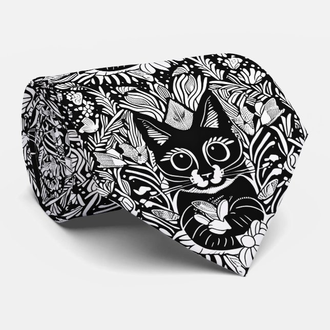 Cravate Modèle floral de chat noir artistique (Roulé)