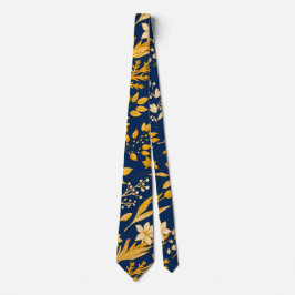 Cravate Modèle Floral d'or pour l'automne. BG DBlue