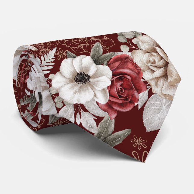 Cravate Modèle floral Rose de Bourgogne élégant (Roulé)