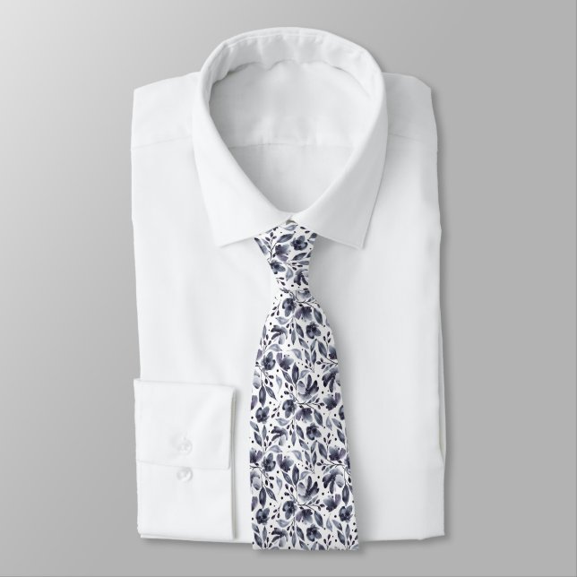 Cravate Mona Gris et blanc Concepteur Floral moderne (Attaché)