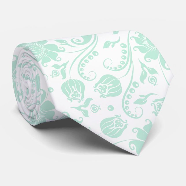 Cravate Monnaie verte et blanc Damas florales (Roulé)
