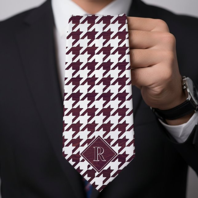 Cravate Monogram Houndstooth Pattern White & Burgundy Wood (Monogram Houndstooth Pattern White & Burgundy Wood Neck Tie
)