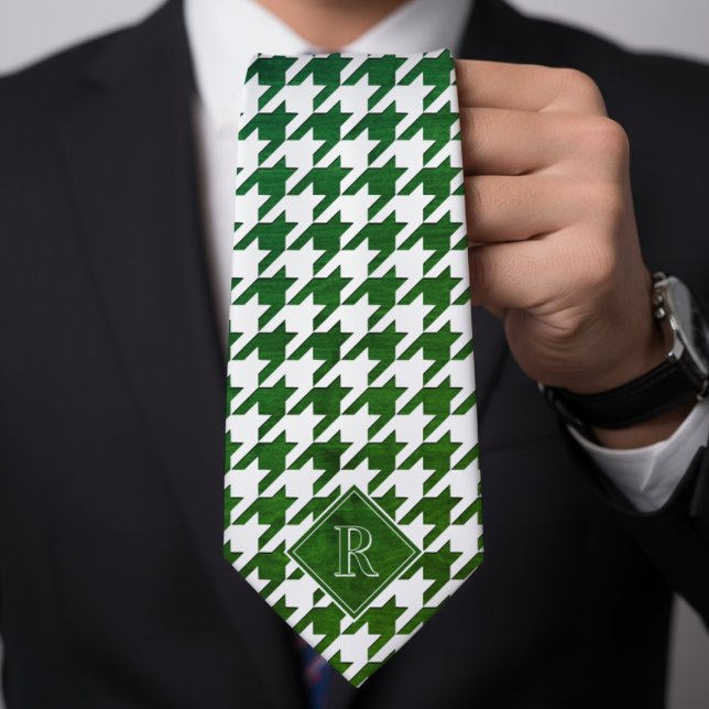 Cravate Monogram Houndstooth Pattern White & Green Wood (Monogram Houndstooth Pattern White & Green Wood Neck Tie
)