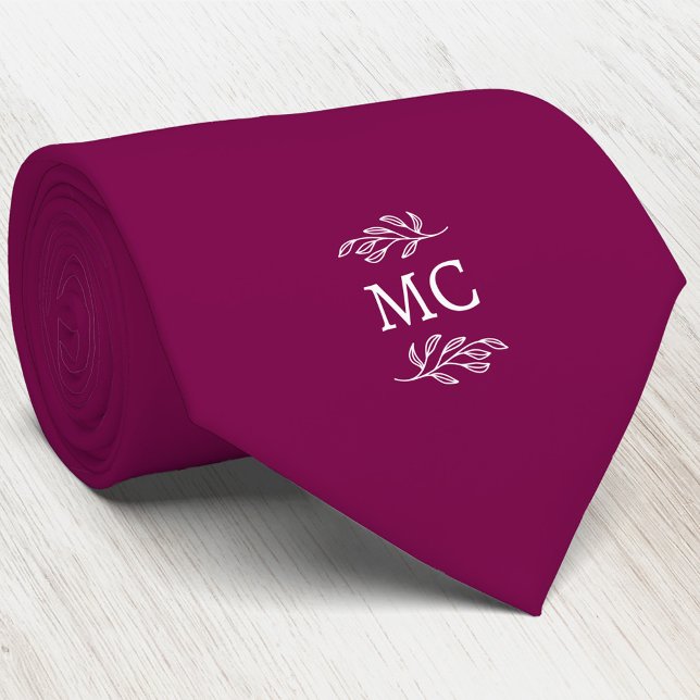 Cravate Monogram Initial Crest Botanical Leaf Cherry Pink (Simple botanical leaf monogram initials personalized crest neck tie)